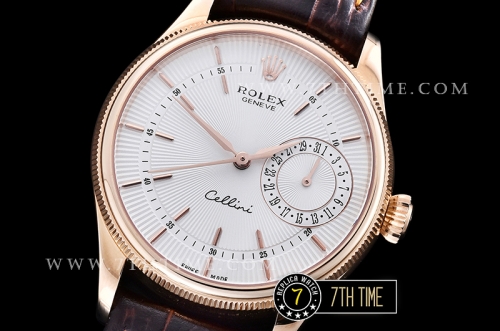 Cellini Date 39mm 18K Rose Gold Thick Plated on SS Steel White Guilloche Dial with Rose Gold Stick Markers Brown Croc Print Calf Leather Strap