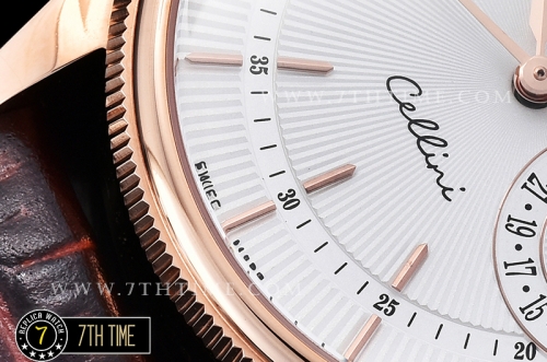 Cellini Date 39mm 18K Rose Gold Thick Plated on SS Steel White Guilloche Dial with Rose Gold Stick Markers Brown Croc Print Calf Leather Strap
