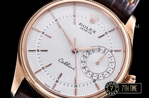 Cellini Date 39mm 18K Rose Gold Thick Plated on SS Steel White Guilloche Dial with Rose Gold Stick Markers Brown Croc Print Calf Leather Strap