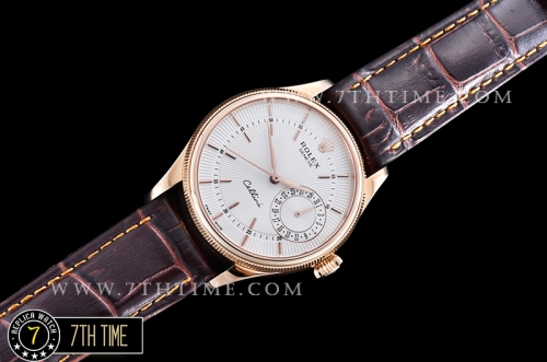 Cellini Date 39mm 18K Rose Gold Thick Plated on SS Steel White Guilloche Dial with Rose Gold Stick Markers Brown Croc Print Calf Leather Strap