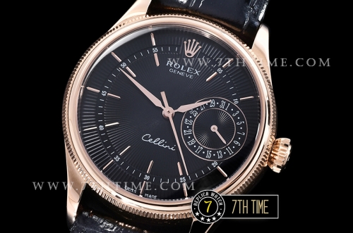 Cellini Date 39mm 18K Rose Gold Thick Plated on SS Steel Black Guilloche Dial with Rose Gold Stick Markers Black Croc Print Calf Leather Strap