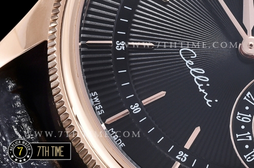 Cellini Date 39mm 18K Rose Gold Thick Plated on SS Steel Black Guilloche Dial with Rose Gold Stick Markers Black Croc Print Calf Leather Strap