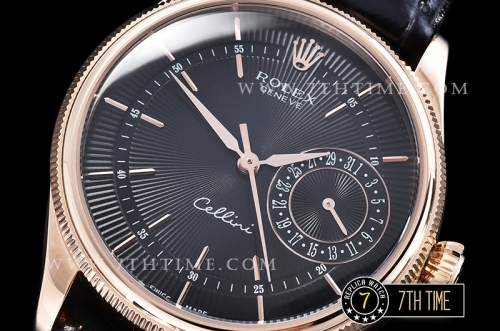 Cellini Date 39mm 18K Rose Gold Thick Plated on SS Steel Black Guilloche Dial with Rose Gold Stick Markers Black Croc Print Calf Leather Strap