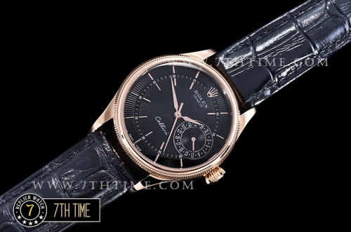 Cellini Date 39mm 18K Rose Gold Thick Plated on SS Steel Black Guilloche Dial with Rose Gold Stick Markers Black Croc Print Calf Leather Strap