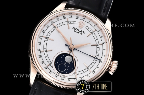 Cellini 50535 Moonphase 18K Rose Gold Thick Plated on SS Steel 316F White Dial with Numeral Markers Black Embossed Croc Print Calf Leather Strap