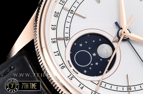 Cellini 50535 Moonphase 18K Rose Gold Thick Plated on SS Steel 316F White Dial with Numeral Markers Black Embossed Croc Print Calf Leather Strap