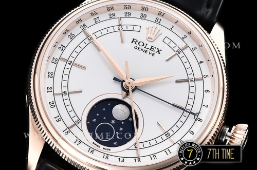 Cellini 50535 Moonphase 18K Rose Gold Thick Plated on SS Steel 316F White Dial with Numeral Markers Black Embossed Croc Print Calf Leather Strap