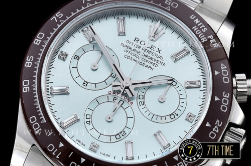 Daytona Plat Diamonds Ceramic Bezel SS/SS Ice Blue Dial A7750 Mod