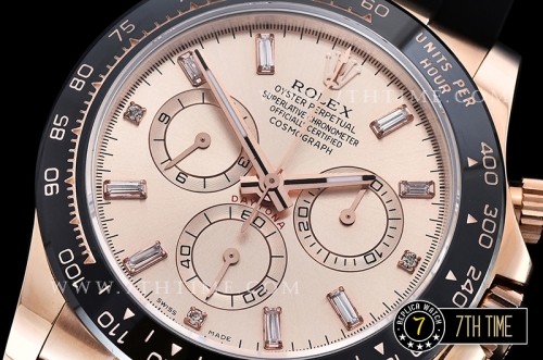 Daytona Ceramic Bezel RG/RU Rose Gold Dial Baguette Diamond Ultimate A7750 Mod