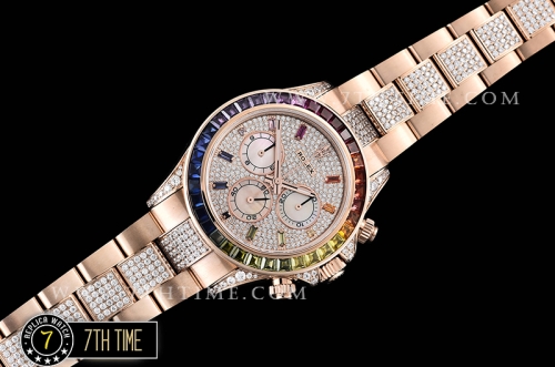 Daytona 116595 Rainbow RG/RG Full Diamond Paved Dial Dial A7750 4130 Mod