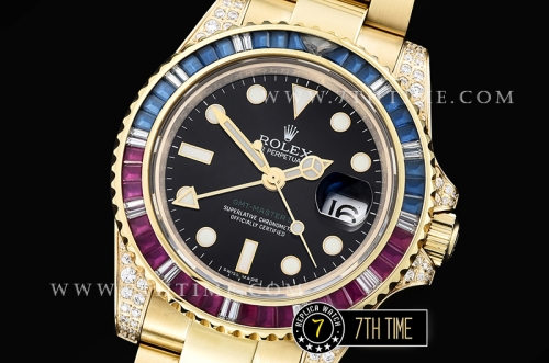GMT Master II Red/Blue Rubies YG/YG Black Dial A3186 Mod