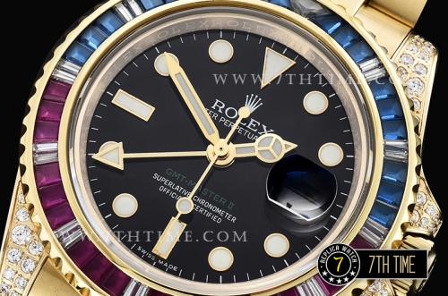 GMT Master II Red/Blue Rubies YG/YG Black Dial A3186 Mod