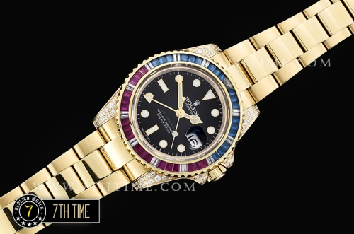 GMT Master II Red/Blue Rubies YG/YG Black Dial A3186 Mod