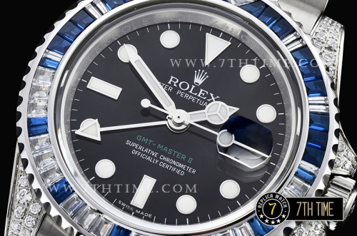 GMT Master II Blue/White Rubies SS/SS Black Dial A3186 Mod