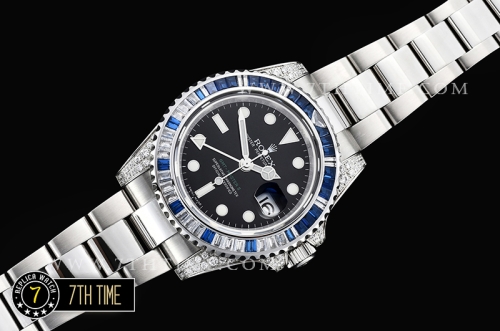 GMT Master II Blue/White Rubies SS/SS Black Dial A3186 Mod