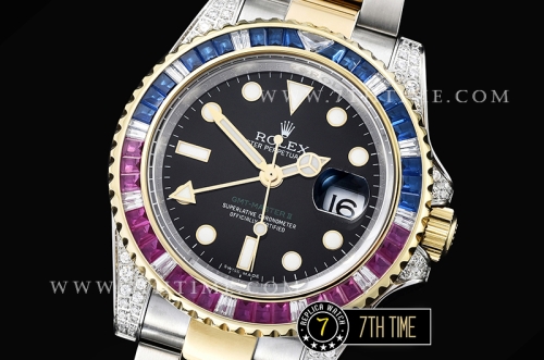 GMT Master II Red/Blue Rubies Two Tone YG/SS Black Dial A3186 Mod