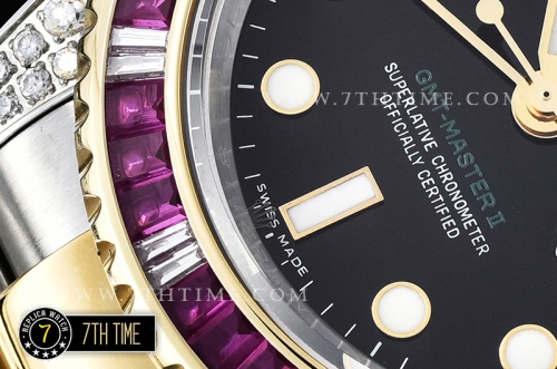 GMT Master II Red/Blue Rubies Two Tone YG/SS Black Dial A3186 Mod