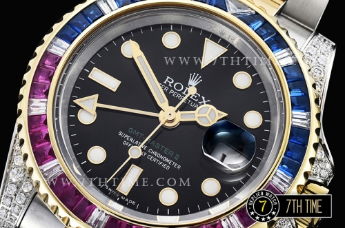 GMT Master II Red/Blue Rubies Two Tone YG/SS Black Dial A3186 Mod