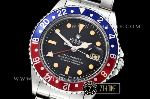 GMT Master Ref.1675 Pepsi Red/Blue Color Bezel Black Dial with Patina Colored Dot Markers Swiss 2836 Mod