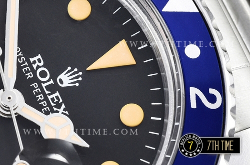 GMT Master Ref.1675 Pepsi Red/Blue Color Bezel Black Dial with Patina Colored Dot Markers Swiss 2836 Mod