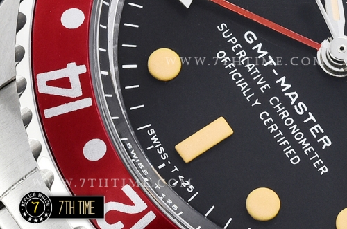 GMT Master Ref.1675 Pepsi Red/Blue Color Bezel Black Dial with Patina Colored Dot Markers Swiss 2836 Mod