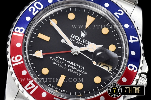 GMT Master Ref.1675 Pepsi Red/Blue Color Bezel Black Dial with Patina Colored Dot Markers Swiss 2836 Mod