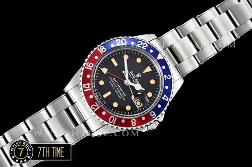GMT Master Ref.1675 Pepsi Red/Blue Color Bezel Black Dial with Patina Colored Dot Markers Swiss 2836 Mod