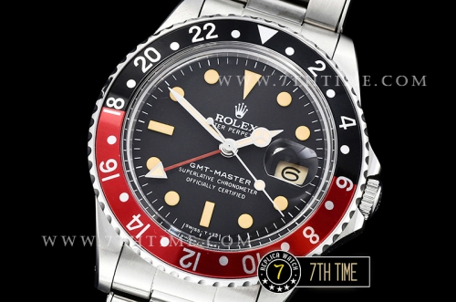 GMT Master Ref.1675 Coke Red/Black Color Bezel Black Dial with Patina Colored Dot Markers Swiss 2836 Mod