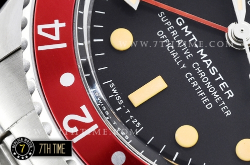 GMT Master Ref.1675 Coke Red/Black Color Bezel Black Dial with Patina Colored Dot Markers Swiss 2836 Mod
