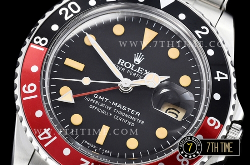 GMT Master Ref.1675 Coke Red/Black Color Bezel Black Dial with Patina Colored Dot Markers Swiss 2836 Mod