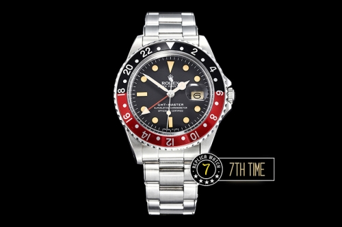 GMT Master Ref.1675 Coke Red/Black Color Bezel Black Dial with Patina Colored Dot Markers Swiss 2836 Mod