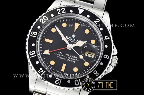 GMT Master Ref.1675 Black Color Bezel Black Dial with Patina Colored Dot Markers Swiss 2836 Mod
