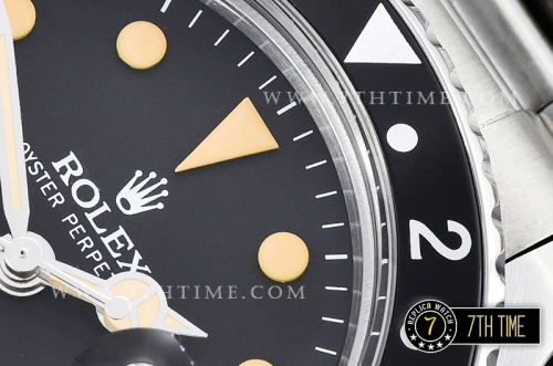 GMT Master Ref.1675 Black Color Bezel Black Dial with Patina Colored Dot Markers Swiss 2836 Mod
