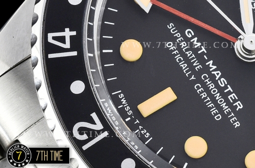 GMT Master Ref.1675 Black Color Bezel Black Dial with Patina Colored Dot Markers Swiss 2836 Mod