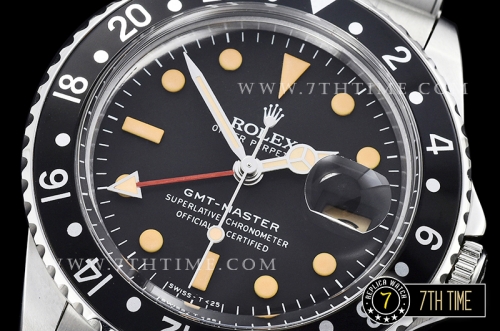 GMT Master Ref.1675 Black Color Bezel Black Dial with Patina Colored Dot Markers Swiss 2836 Mod