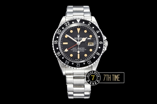 GMT Master Ref.1675 Black Color Bezel Black Dial with Patina Colored Dot Markers Swiss 2836 Mod