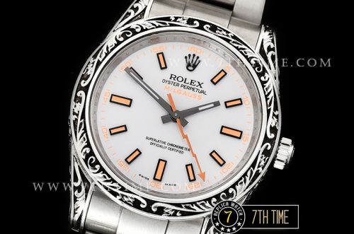 Milgauss 116400M Special Engraved Case Solid Sterling Silver 925 Bezel White Dial with Orange Markers Asia 2836