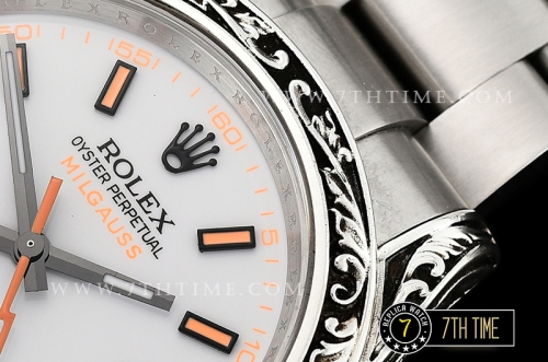 Milgauss 116400M Special Engraved Case Solid Sterling Silver 925 Bezel White Dial with Orange Markers Asia 2836