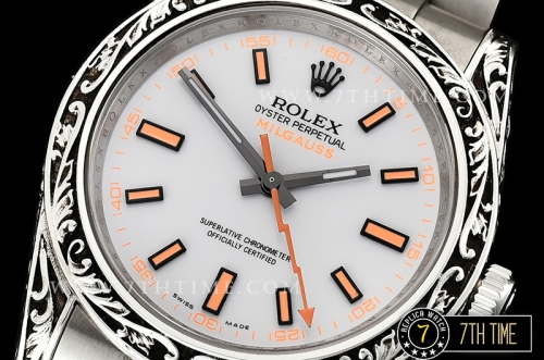 Milgauss 116400M Special Engraved Case Solid Sterling Silver 925 Bezel White Dial with Orange Markers Asia 2836
