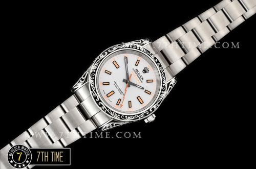 Milgauss 116400M Special Engraved Case Solid Sterling Silver 925 Bezel White Dial with Orange Markers Asia 2836