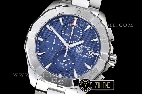 Aquaracer Calibre 16 Chronograph Blue Dial with Stick Markers Solid Stainless Steel Bracelet