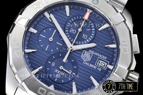 Aquaracer Calibre 16 Chronograph Blue Dial with Stick Markers Solid Stainless Steel Bracelet