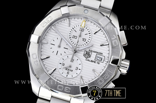 Aquaracer Calibre 16 Chronograph White Dial with Stick Markers Solid Stainless Steel Bracelet