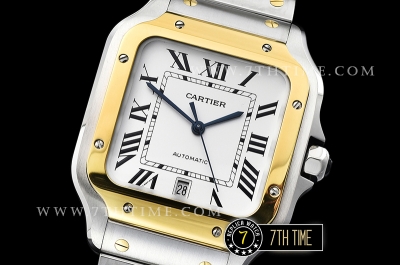 Cartier Santos White Dial with Black Roman Numeral Markers Two Tone 18K Yellow Gold Thick Plated Case and Bracelet