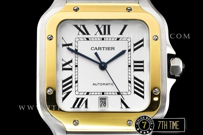 Cartier Santos White Dial with Black Roman Numeral Markers Two Tone 18K Yellow Gold Thick Plated Case and Bracelet