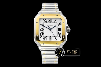 Cartier Santos White Dial with Black Roman Numeral Markers Two Tone 18K Yellow Gold Thick Plated Case and Bracelet