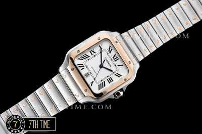 Cartier Santos White Dial with Black Roman Numeral Markers Two Tone 18K Rose Gold Thick Plated Case and Bracelet
