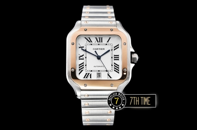 Cartier Santos White Dial with Black Roman Numeral Markers Two Tone 18K Rose Gold Thick Plated Case and Bracelet