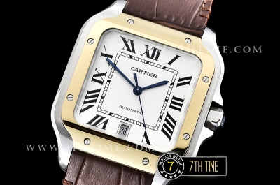 Cartier Santos White Dial with Black Roman Numeral Markers Yellow Gold Plated Bezel Brown Croc Embossed Print Calf Leather Strap