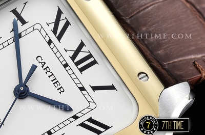 Cartier Santos White Dial with Black Roman Numeral Markers Yellow Gold Plated Bezel Brown Croc Embossed Print Calf Leather Strap